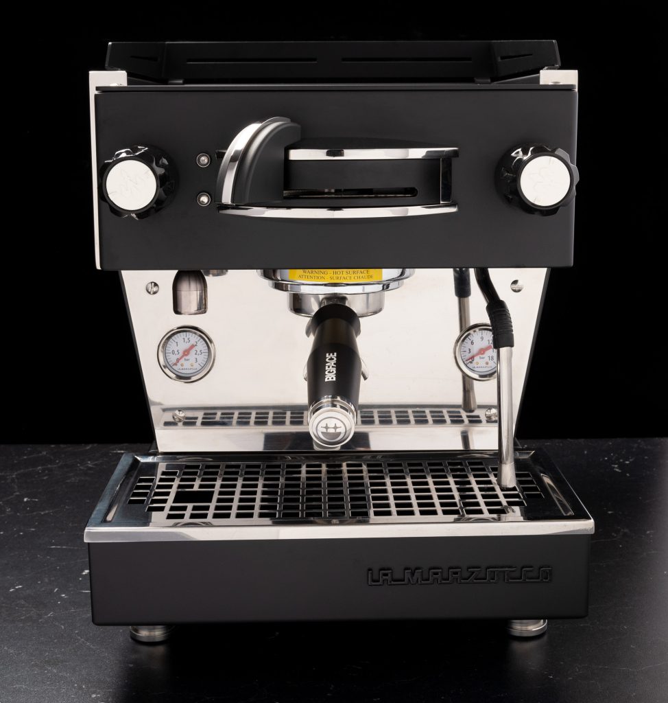 Front view of the BIGFACE La Marzocco Linea Mini with its gauges, group head and portafilter