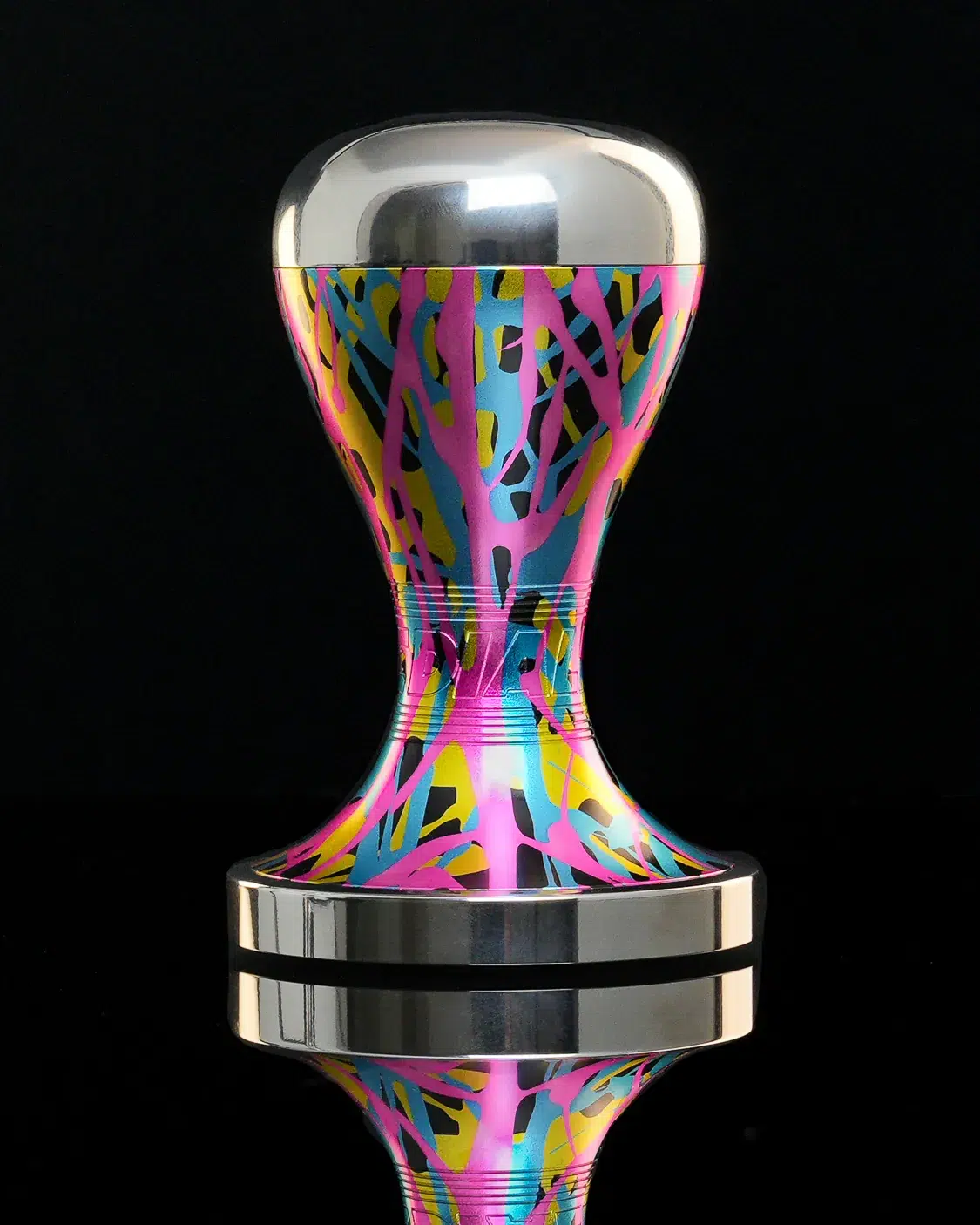 Espresso tamper finished in an iridescent multicolour anodised swirl with a polished chrome base