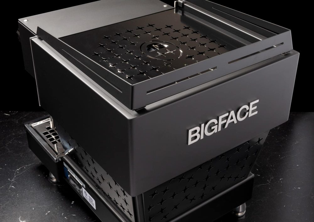 Rear panel of the BIGFACE La Marzocco Linea Mini carrying the BIGFACE wordmark