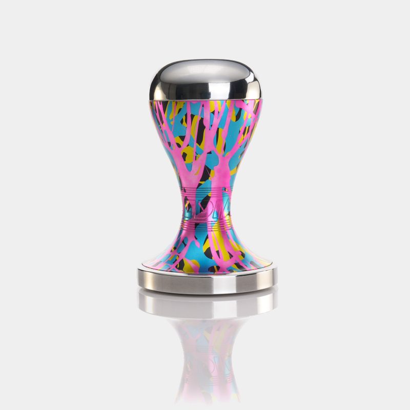 Dialed Tamper upright, front view, splash anodized handle with polished stainless steel cap and base
