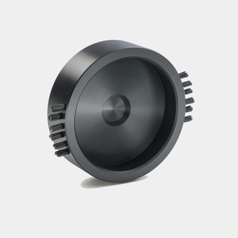 Group Head Pro Sidewall Brush at an angle, showing the dished interior and the rigid bristle clusters set around its outer rim