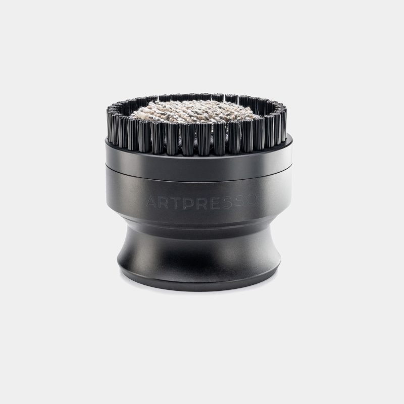 Fellow Series 1 58mm group head Pro cleaning tool upright, brush head fitted with a microfiber pad