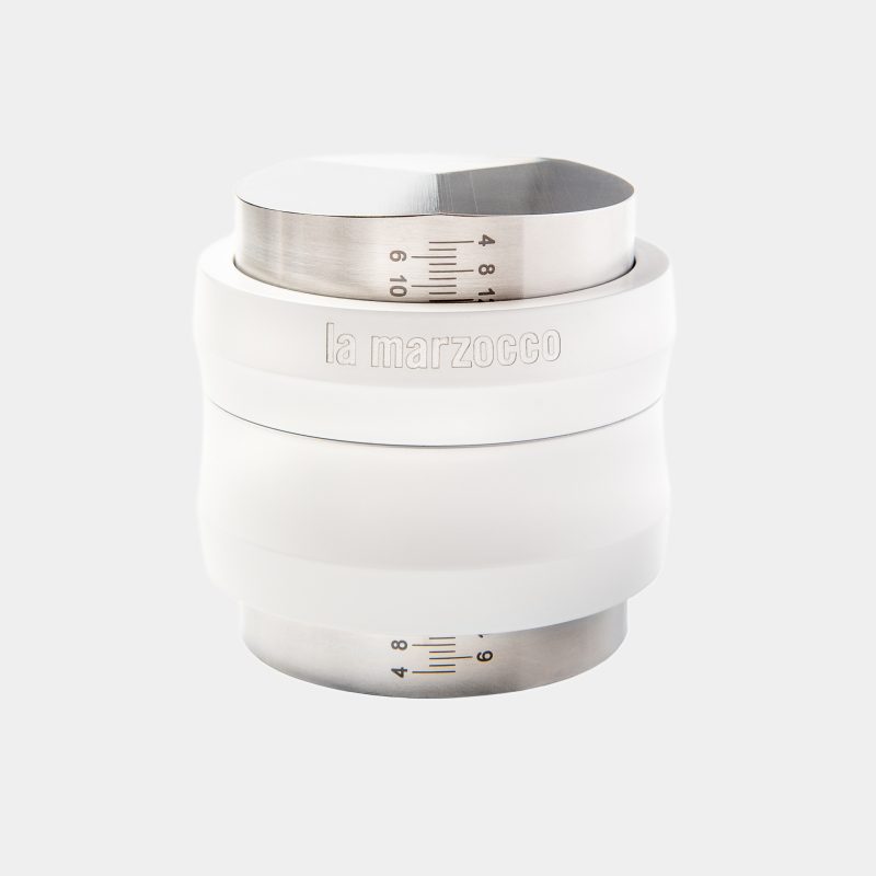 White La Marzocco Solo coffee tamper distributor with stainless collar and engraved depth scale