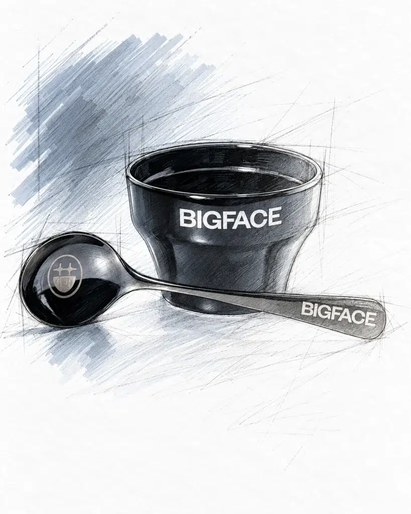 Design rendering of the black BIGFACE cupping bowl with its matching cupping spoon
