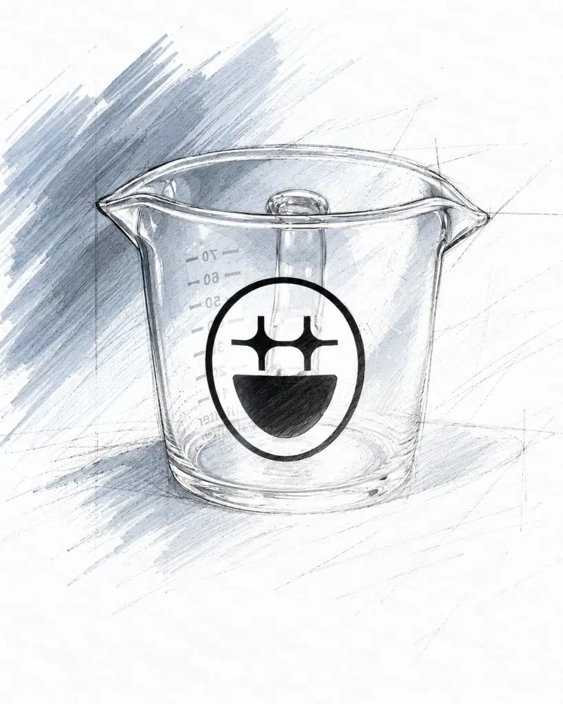 Design rendering of the BIGFACE glass shot pitcher with measurement markings and the BIGFACE face logo