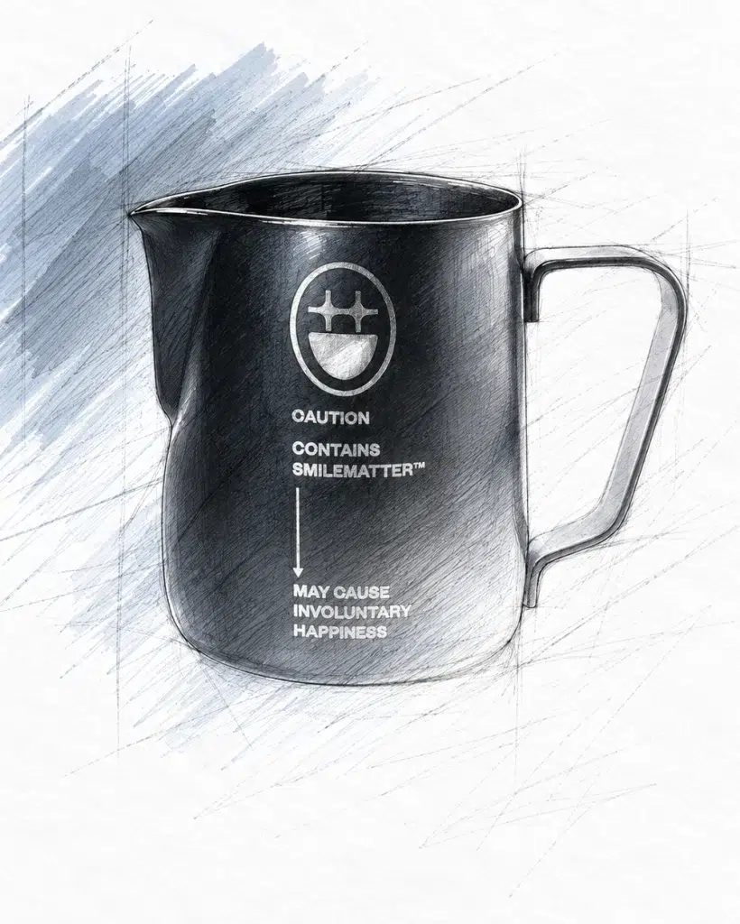 Design rendering of the black BIGFACE milk pitcher with the CAUTION CONTAINS SMILEMATTER engraving
