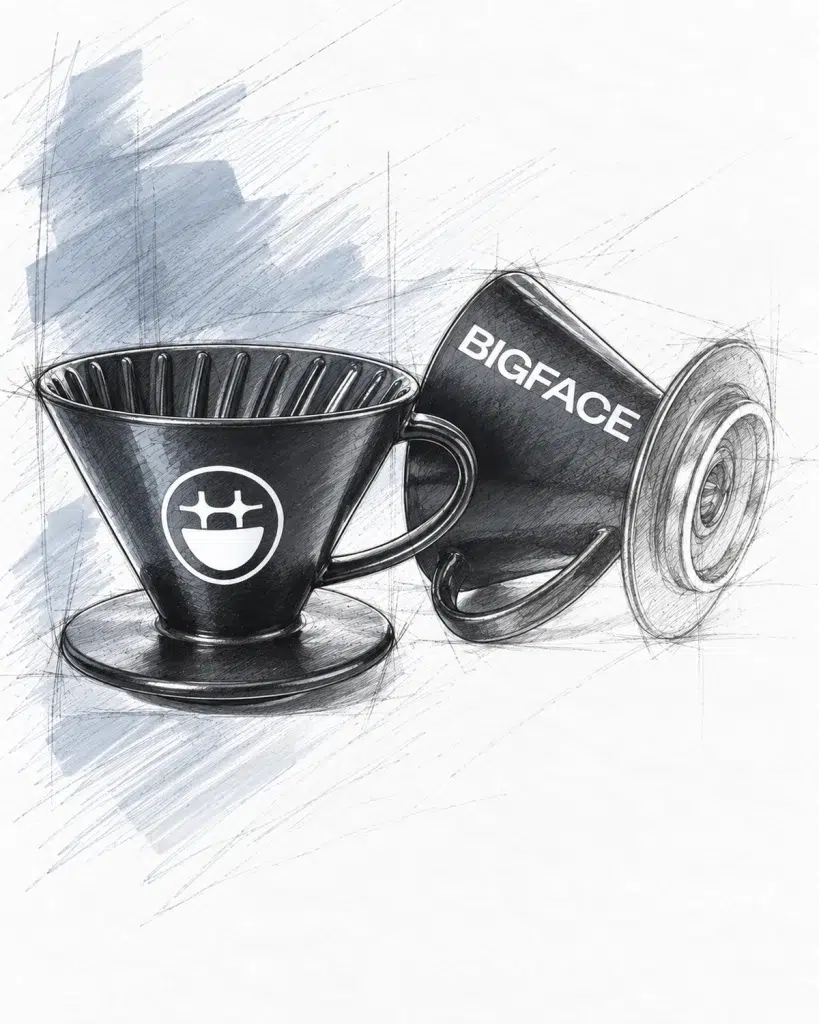 Design rendering of the black BIGFACE pour over dripper with the BIGFACE face logo