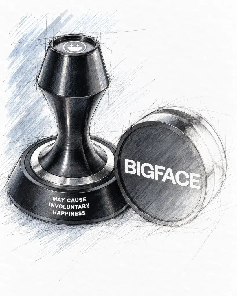 Design rendering of the black BIGFACE espresso tamper and matching puck screen