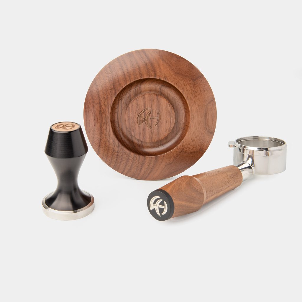 Walnut Breville set of tamper, grinder hopper lid and bottomless portafilter with walnut handle