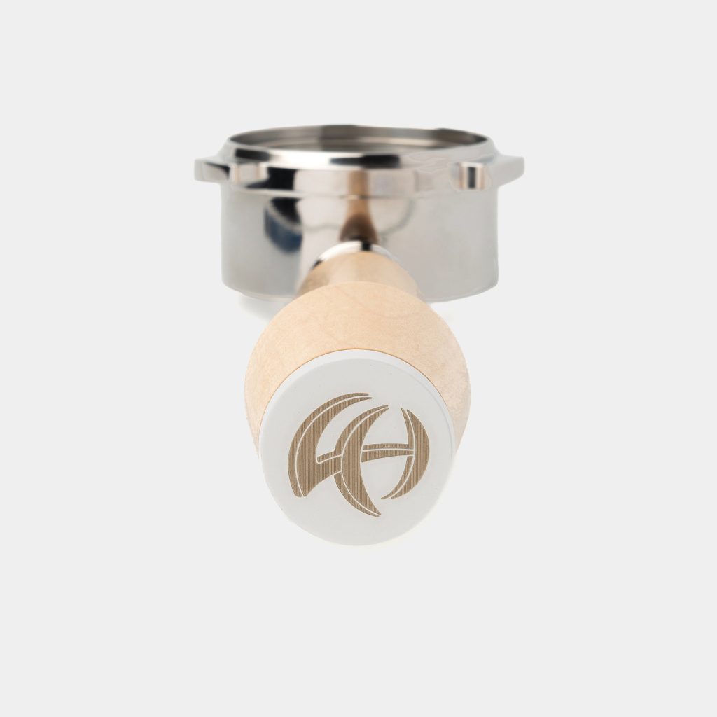 Bottomless 54mm Breville portafilter with maple handle and white anodised end cap