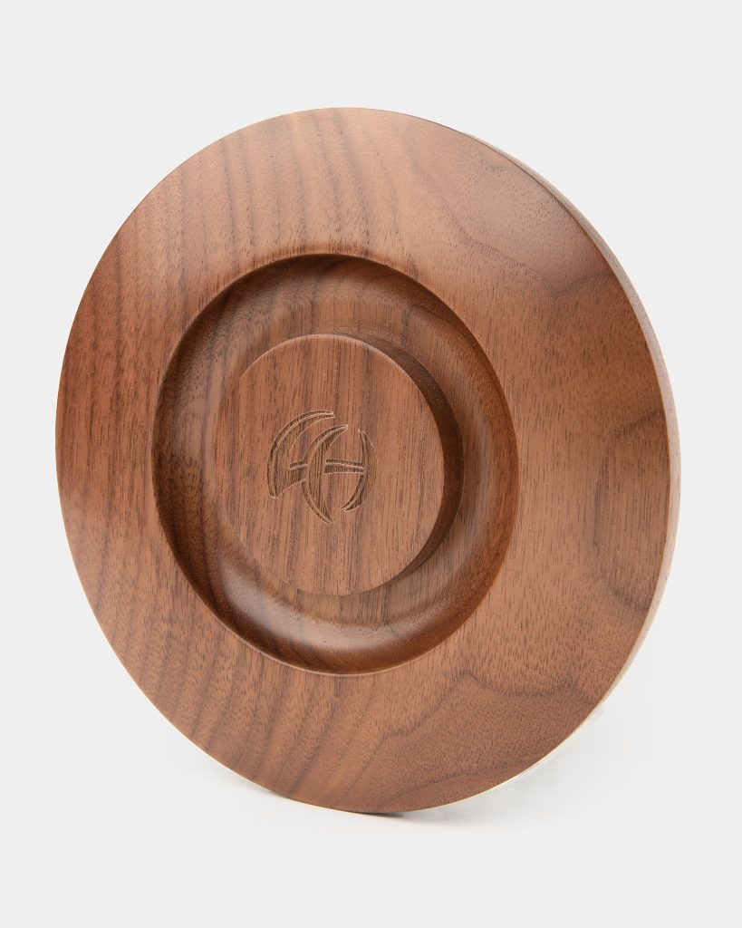 Walnut Breville grinder and tamper holder cover seen from above with the Artpresso mark engraved in the well