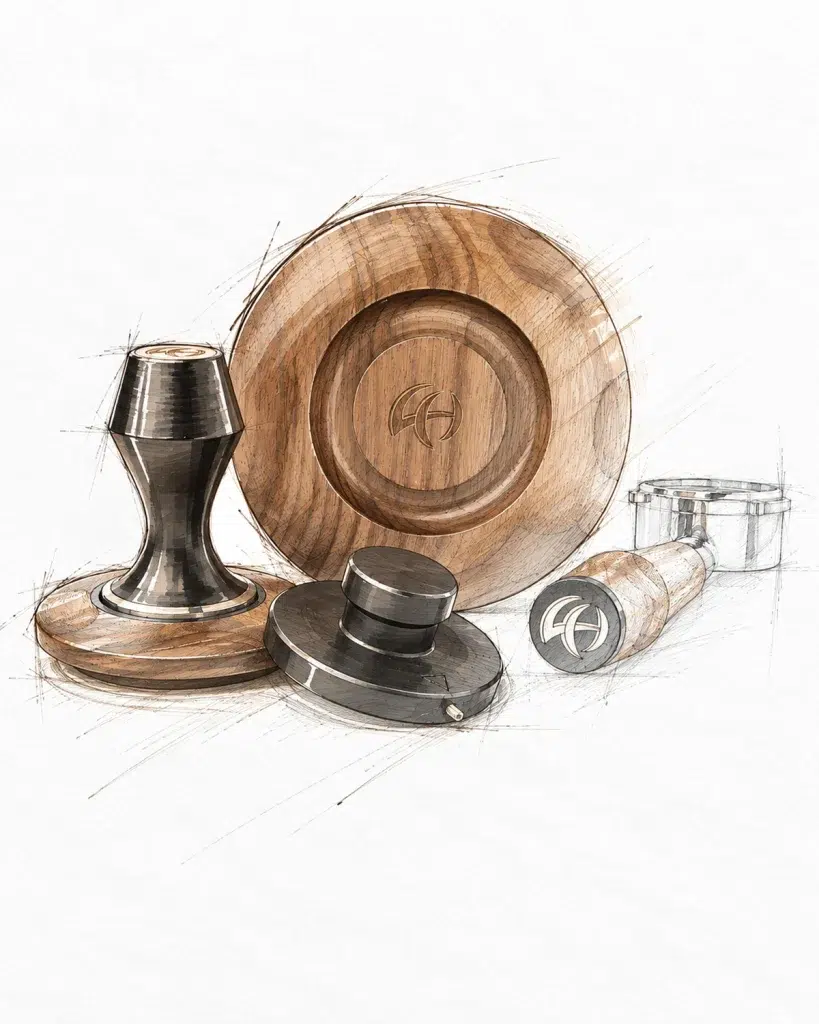 Design rendering of a walnut and stainless espresso accessory group for Breville machines