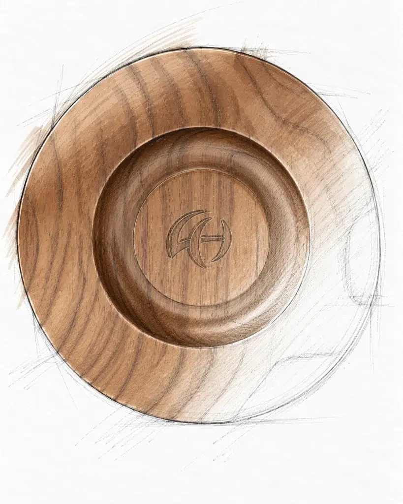 Top view design rendering of a turned walnut dosing cup for Breville machines