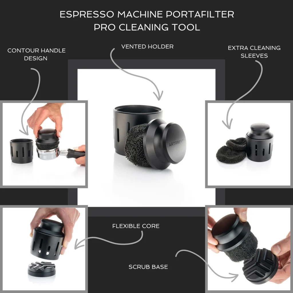 Espresso Machine Portafilter Pro Cleaning Tool feature callouts: contour handle, vented holder, extra cleaning sleeves, flexible core and scrub base