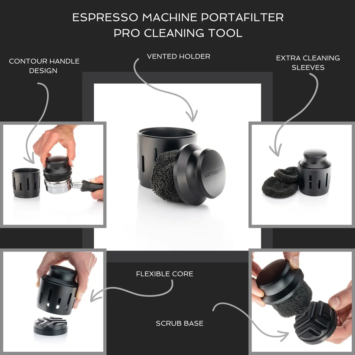 Espresso Machine Portafilter Pro Cleaning Tool feature callouts: contour handle, vented holder, extra cleaning sleeves, flexible core and scrub base