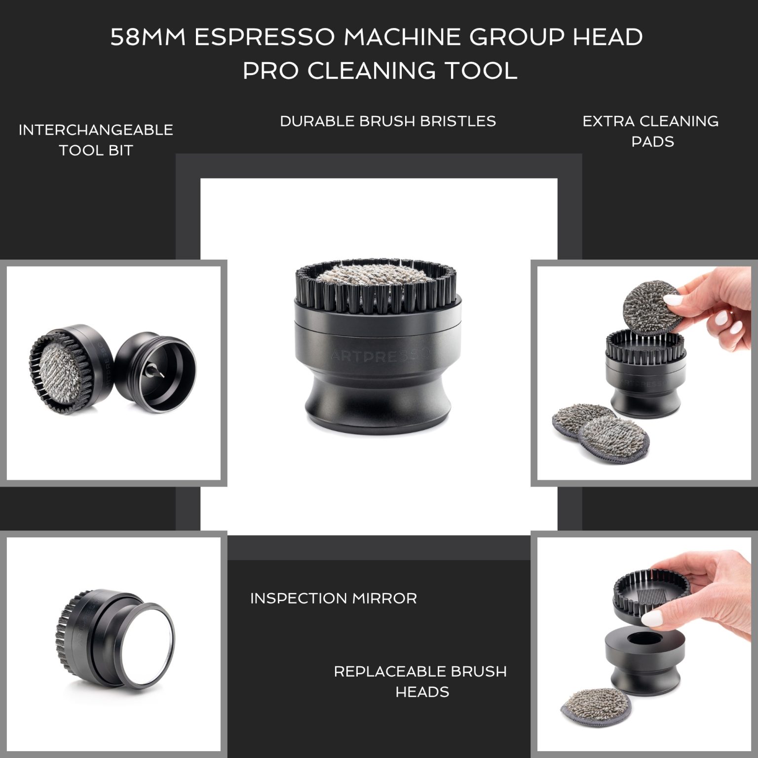 58mm Espresso Machine Group Head Pro Cleaning Tool feature callouts: interchangeable tool bit, durable brush bristles, extra cleaning pads, inspection mirror and replaceable brush heads