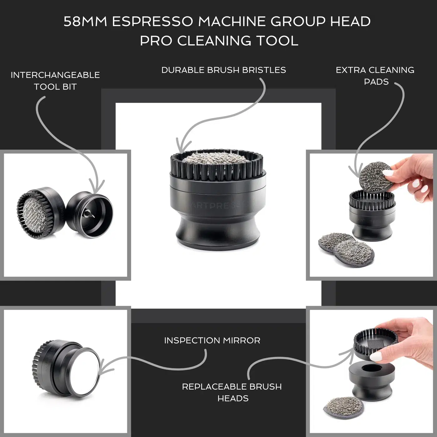 58mm Espresso Machine Group Head Pro Cleaning Tool feature callouts: interchangeable tool bit, durable brush bristles, extra cleaning pads, inspection mirror and replaceable brush heads