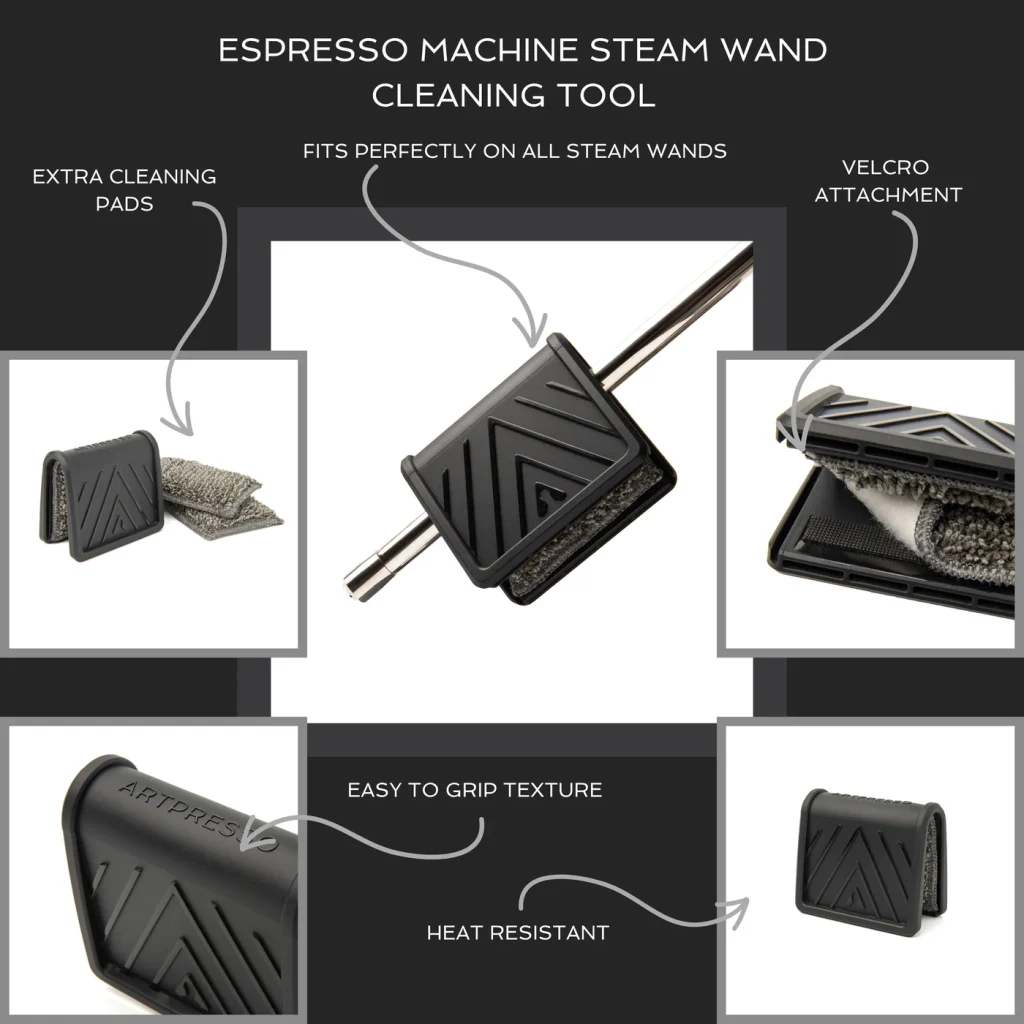 Espresso Machine Steam Wand Cleaning Tool feature callouts: extra cleaning pads, fit on the steam wand, hook and loop pad attachment, easy-grip texture and heat resistance