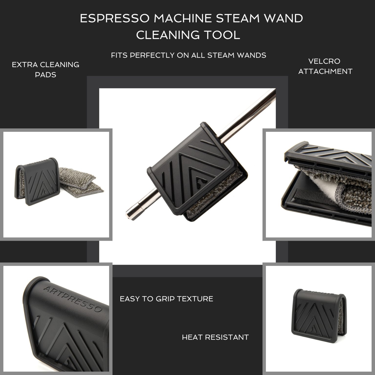 Espresso Machine Steam Wand Cleaning Tool feature callouts: extra cleaning pads, fit on the steam wand, hook and loop pad attachment, easy-grip texture and heat resistance