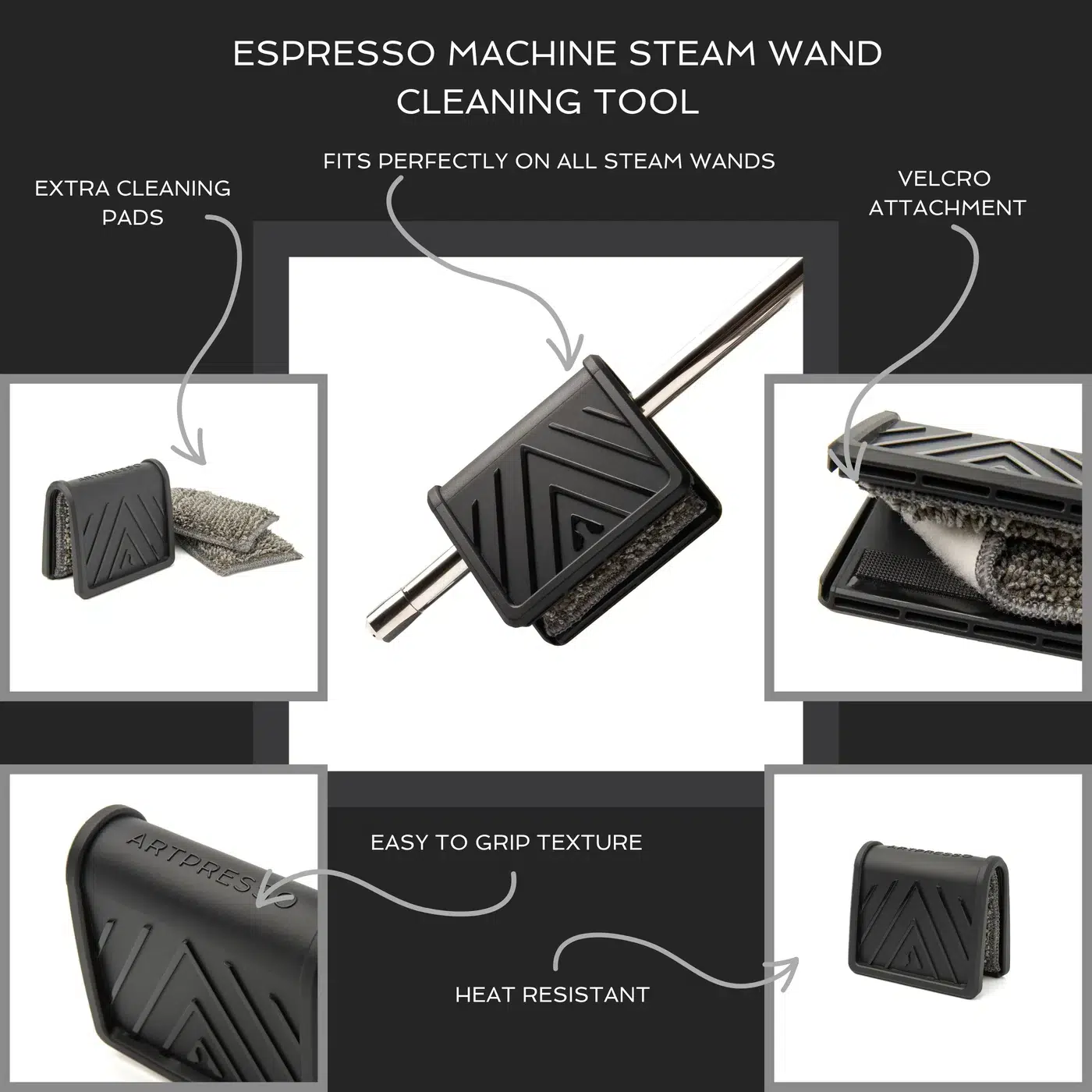 Espresso Machine Steam Wand Cleaning Tool feature callouts: extra cleaning pads, fit on the steam wand, hook and loop pad attachment, easy-grip texture and heat resistance