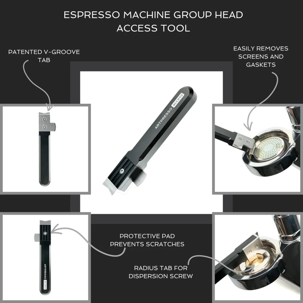 Espresso Machine Group Head Access Tool feature callouts: V-groove tab, removing shower screens and gaskets, protective pad and radius tab for the dispersion screw