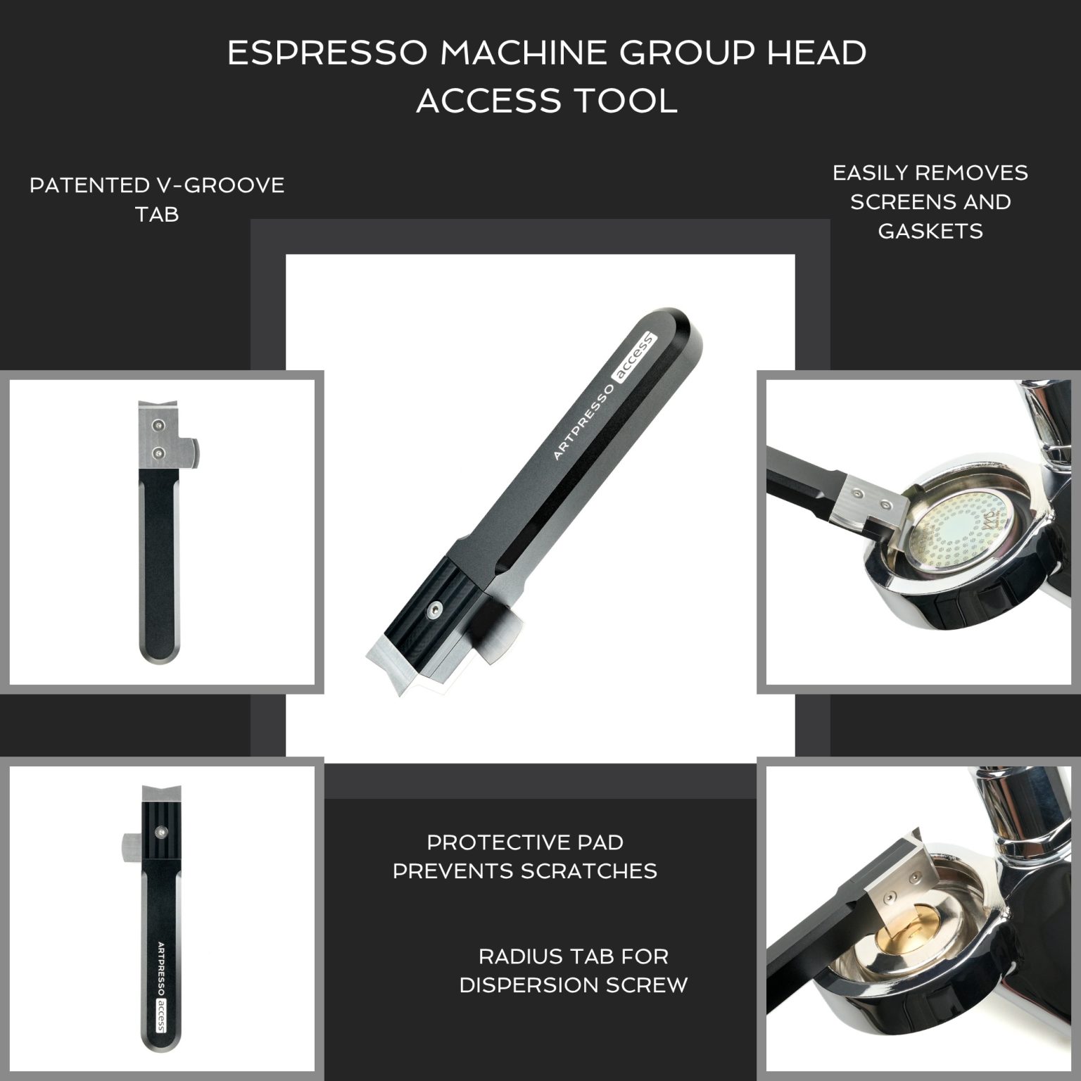Espresso Machine Group Head Access Tool feature callouts: V-groove tab, removing shower screens and gaskets, protective pad and radius tab for the dispersion screw