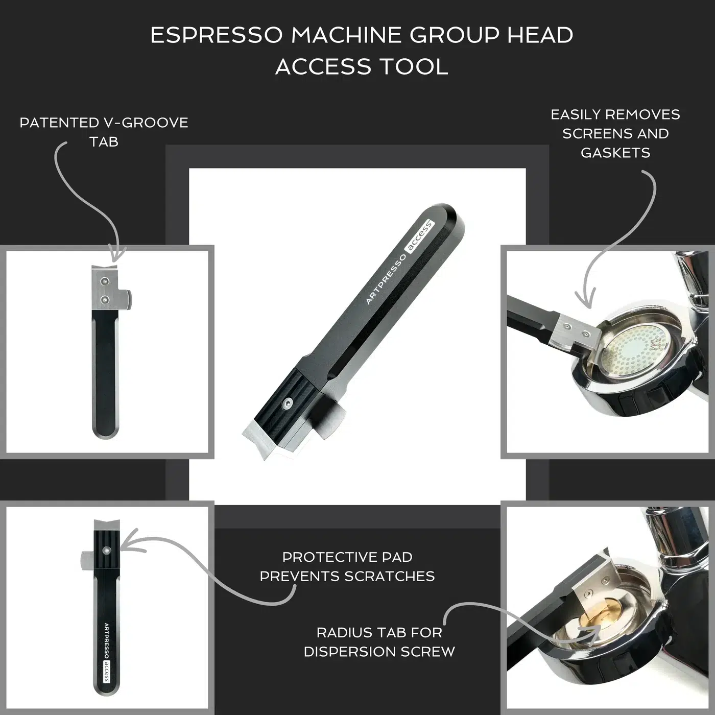 Espresso Machine Group Head Access Tool feature callouts: V-groove tab, removing shower screens and gaskets, protective pad and radius tab for the dispersion screw