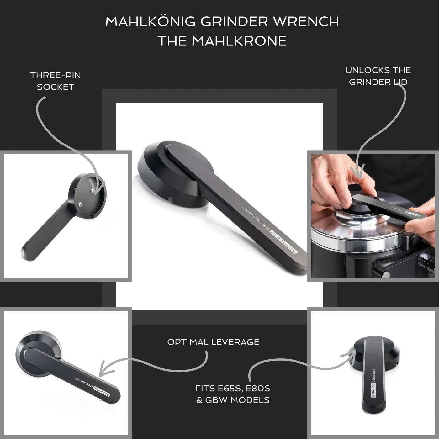 Mahlkönig grinder wrench, The Mahlkrone, feature callouts: three-pin socket, unlocking the grinder lid, leverage, and fit for E65S, E80S and GBW models
