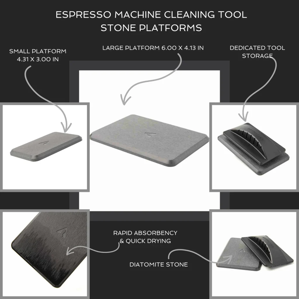 Espresso machine cleaning tool stone platforms feature callouts: small and large diatomite platforms with dimensions, tool storage, rapid absorbency and quick drying