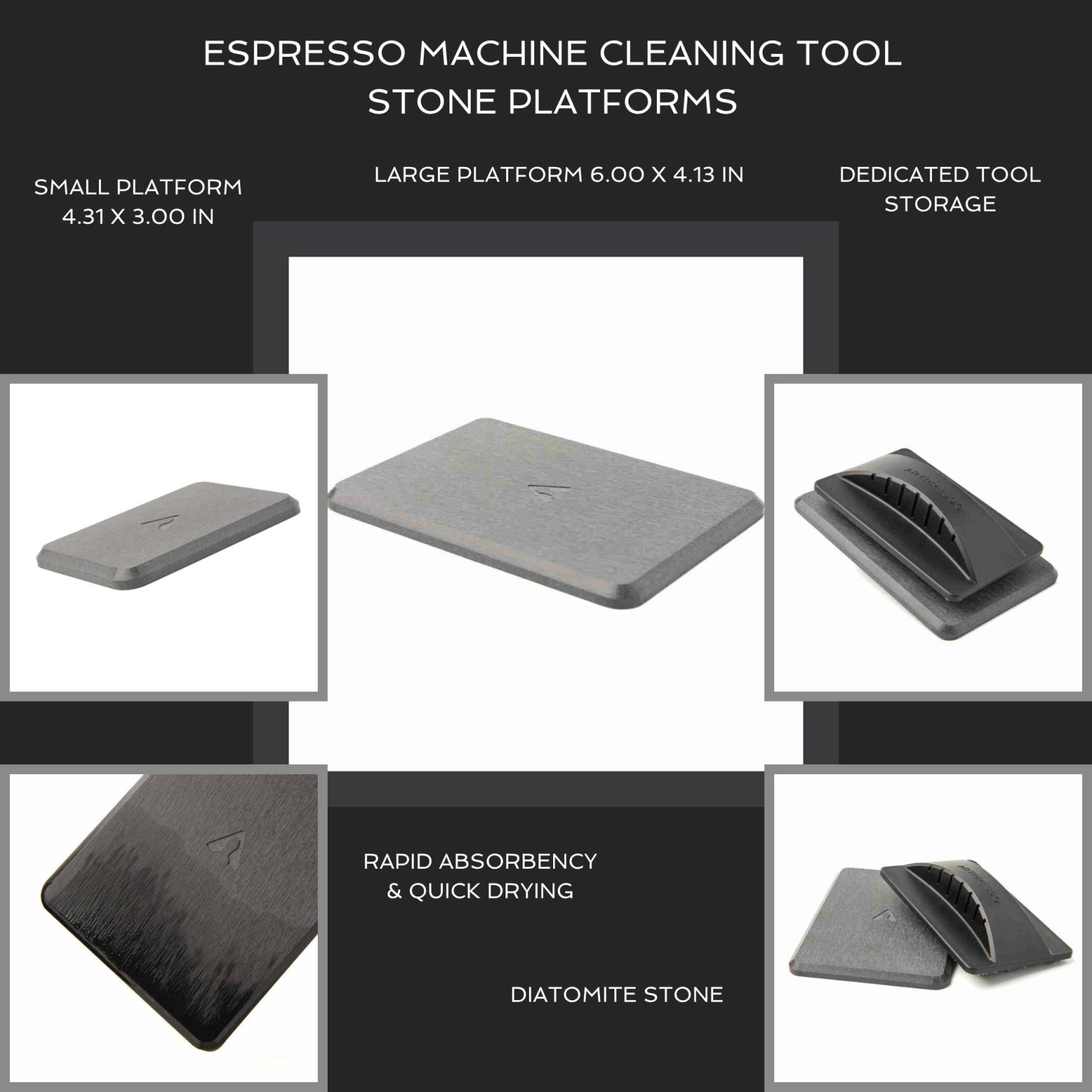 Espresso machine cleaning tool stone platforms feature callouts: small and large diatomite platforms with dimensions, tool storage, rapid absorbency and quick drying