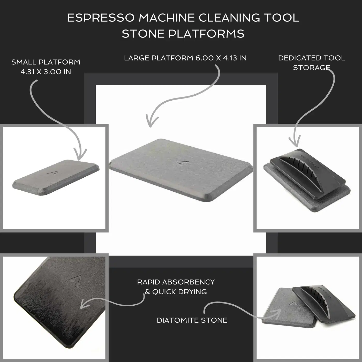 Espresso machine cleaning tool stone platforms feature callouts: small and large diatomite platforms with dimensions, tool storage, rapid absorbency and quick drying