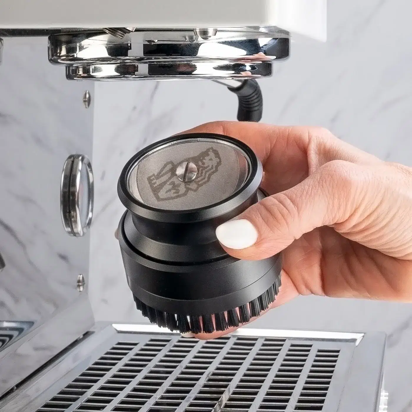 Group Head Pro inspection mirror reflecting the espresso machine shower screen
