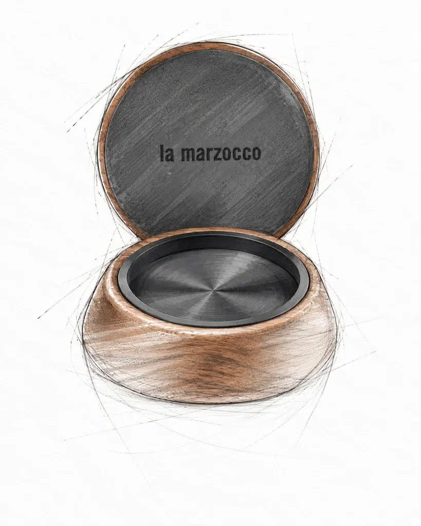 Design rendering of the walnut La Marzocco dosing cup with its lid open and the stainless interior showing