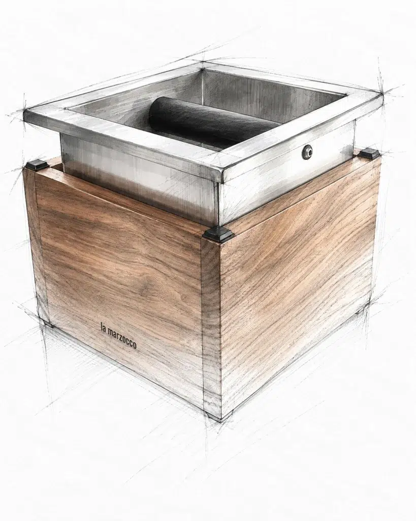 Design rendering of the La Marzocco walnut and stainless knock box with its knock bar