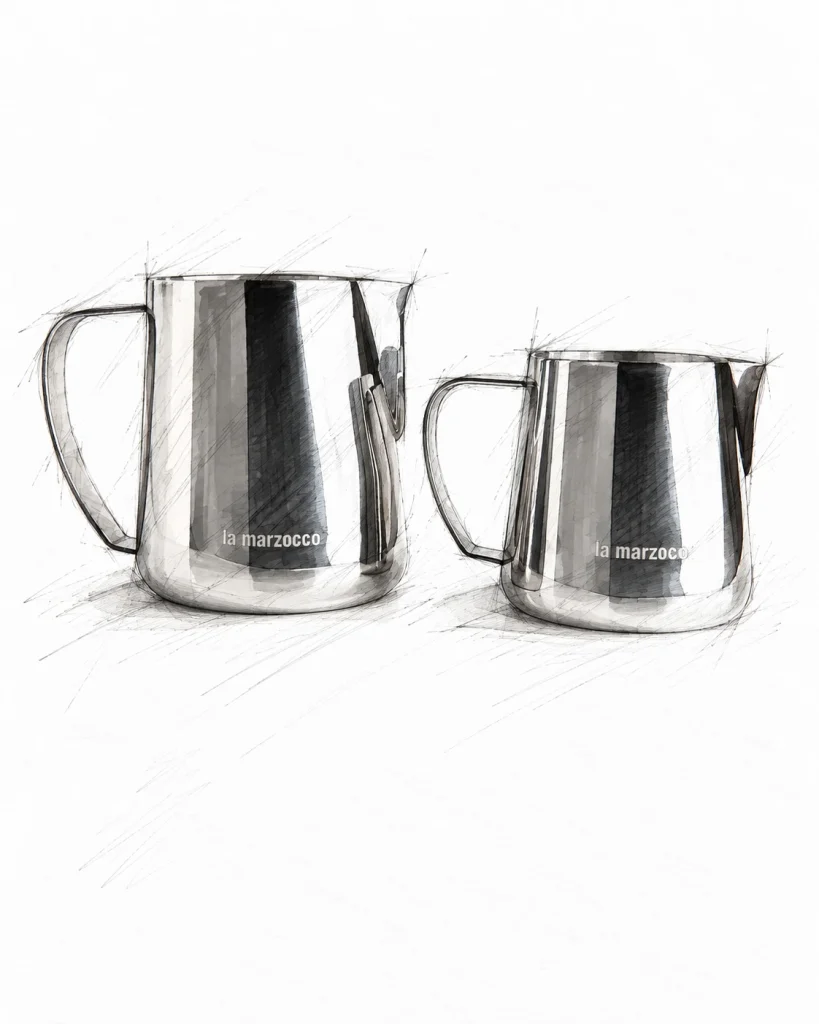 Design rendering of two stainless La Marzocco milk pitchers in different sizes