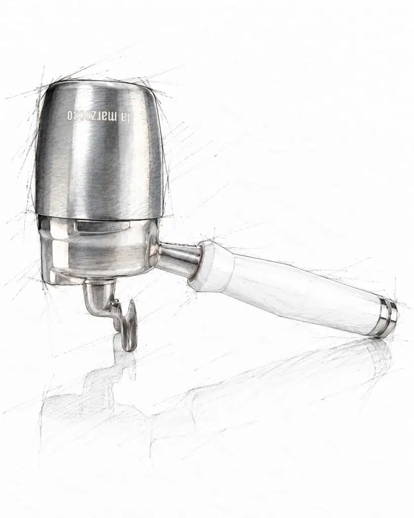 Design rendering of the La Marzocco portafilter with a pale turned handle