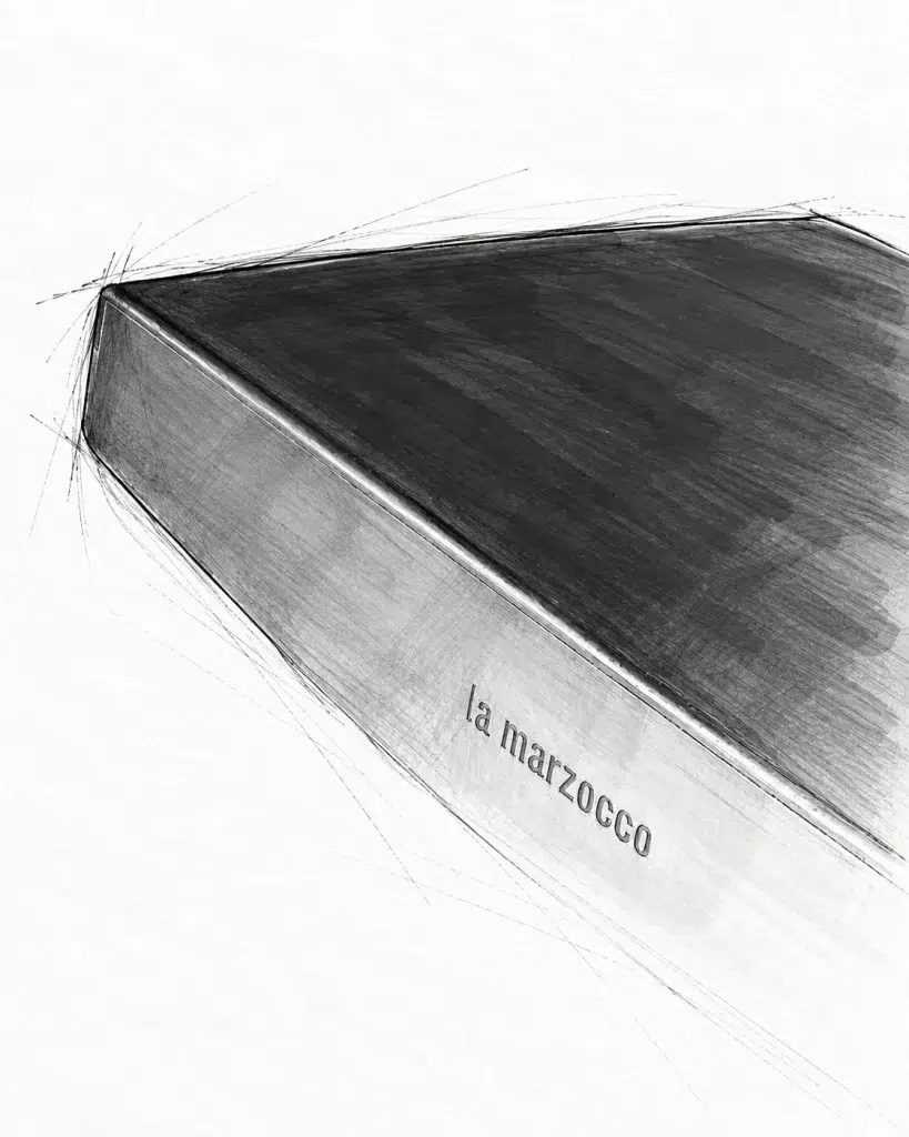 Design rendering detail of the La Marzocco tamper holder edge with the la marzocco wordmark
