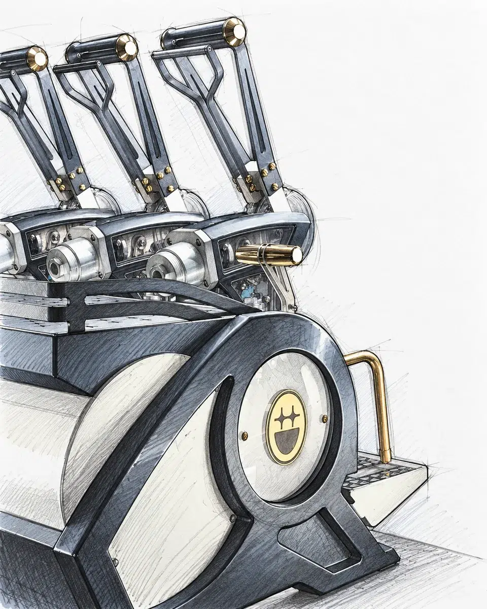 Hand-drawn marker rendering of the BIGFACE La Marzocco Leva lever groups and brass BIGFACE badge