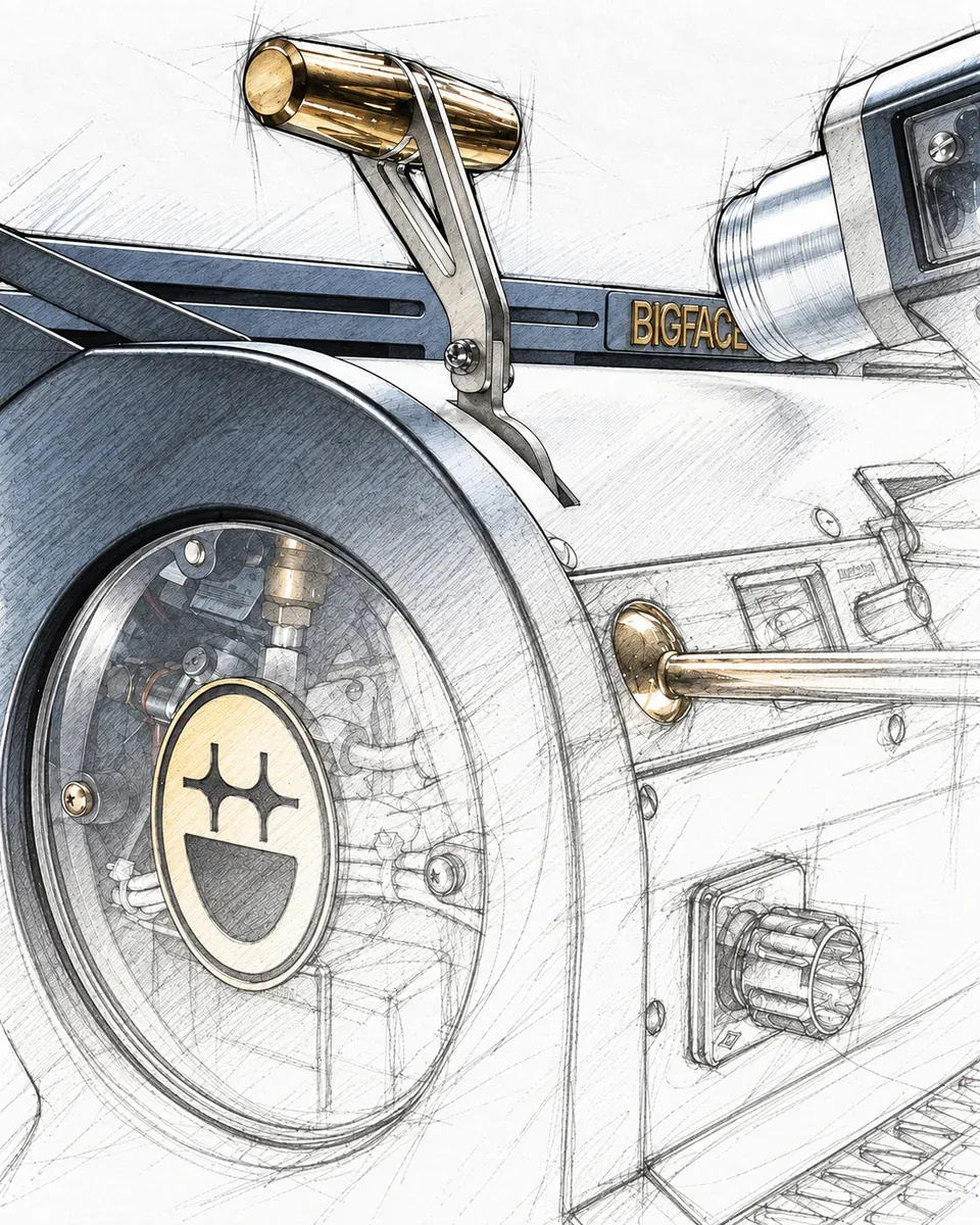 Hand-drawn rendering of the BIGFACE La Marzocco Leva lever group, brass cap and the gold BIGFACE badge set into the round side window