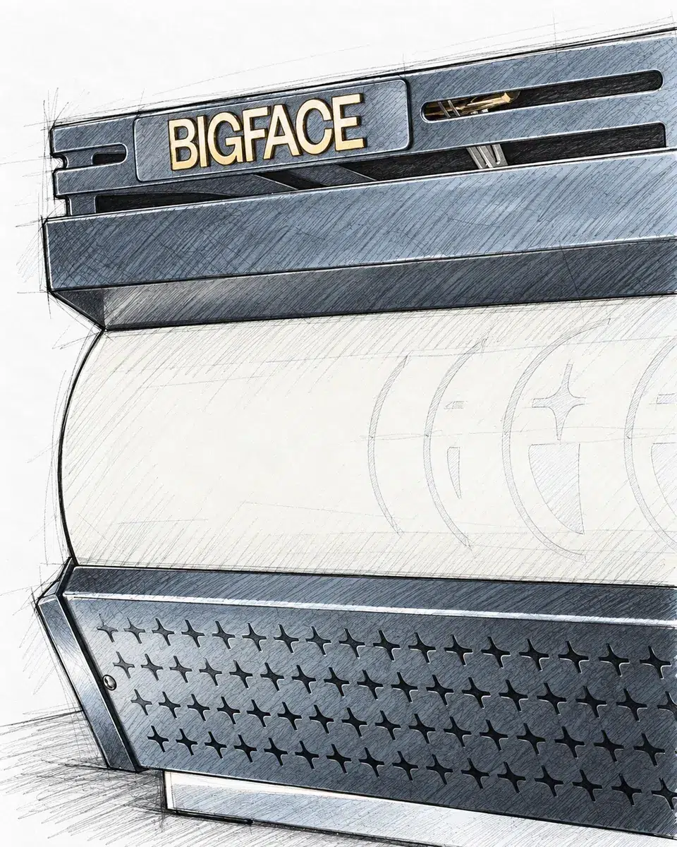 Hand-drawn rendering of the gold BIGFACE wordmark on the La Marzocco Leva top rail above the star-perforated drip panel