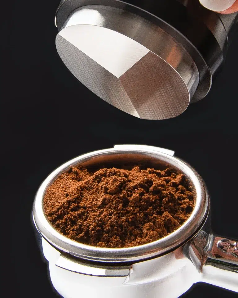 Stainless distribution tool poised above a portafilter filled with freshly ground espresso