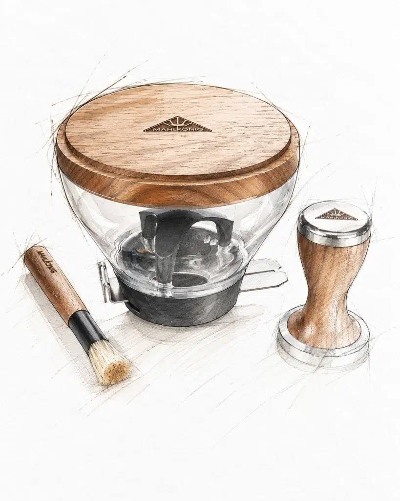 Design rendering of the Mahlkönig glass dosing vessel with wooden lid, beside the brush and tamper