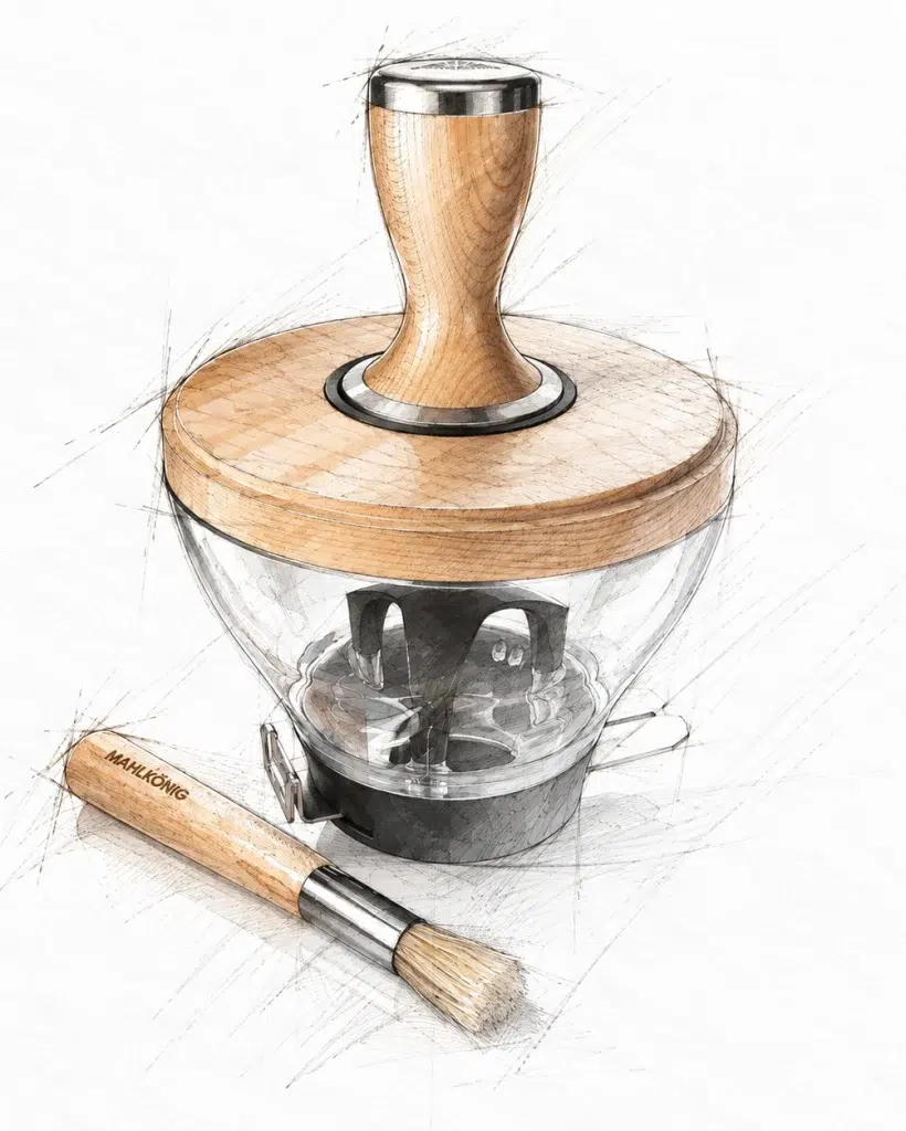 Design rendering of the Mahlkönig glass dosing vessel with the tamper seated on its wooden lid