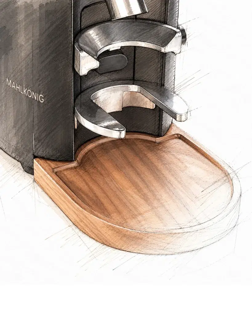 Design rendering of the Mahlkönig grinder portafilter forks above the walnut dosing tray