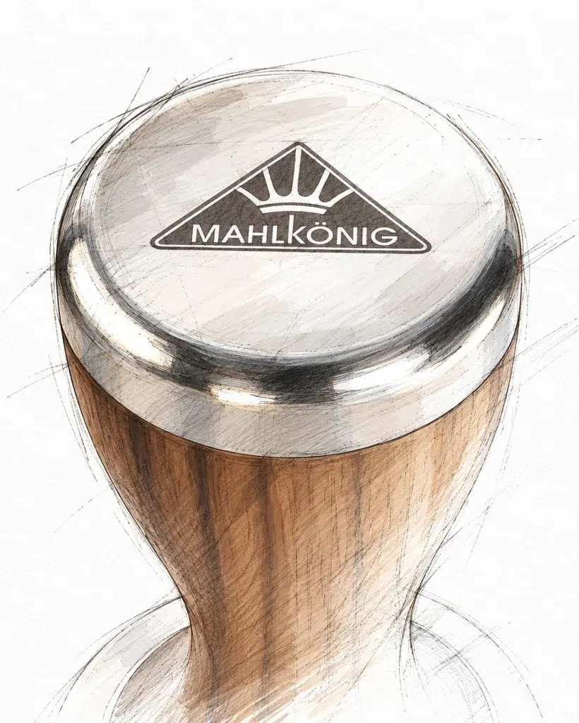 Design rendering detail of the stainless top of the Mahlkönig tamper with the Mahlkönig crown logo