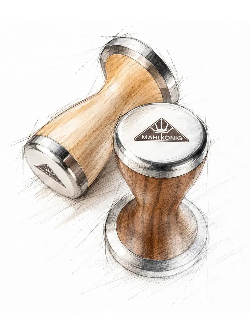 Design rendering of the Mahlkönig tamper shown in light maple and in walnut