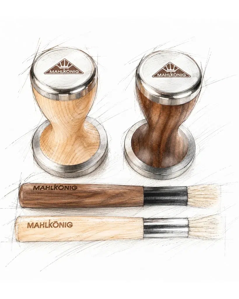 Design rendering of the Mahlkönig tampers and cleaning brushes in light maple and walnut