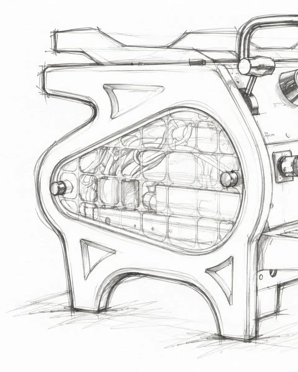 Hand-drawn pencil sketch of the BIGFACE La Marzocco Strada, close on the front corner and triangular side window