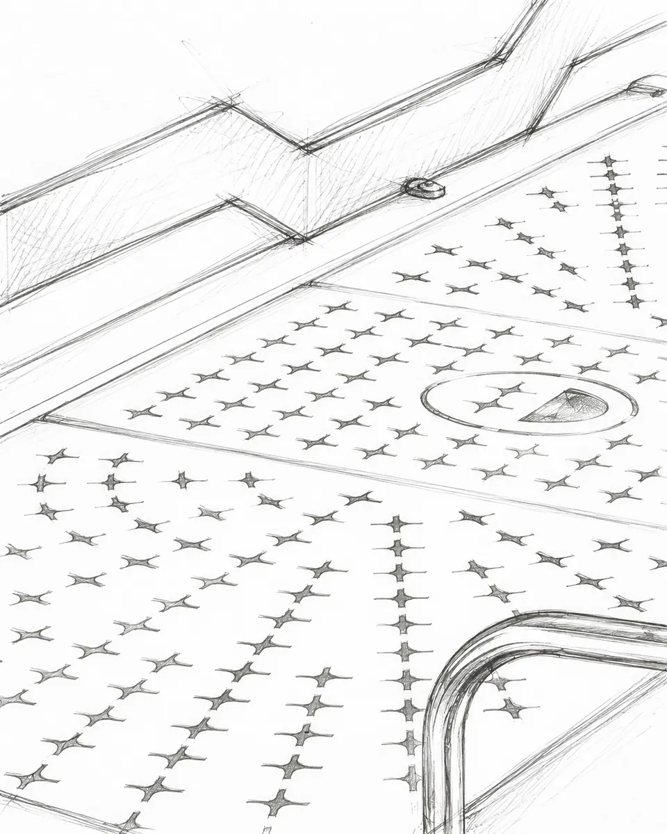 Hand-drawn pencil sketch looking across the BIGFACE La Marzocco Strada cup tray, star perforations laid out across the top panel