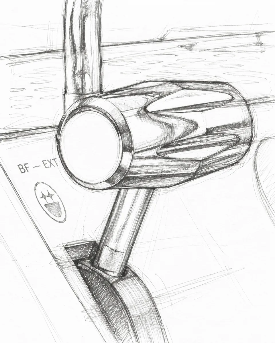 Hand-drawn pencil sketch of the BIGFACE La Marzocco Strada steam knob and the BF-EXT marking on the side panel